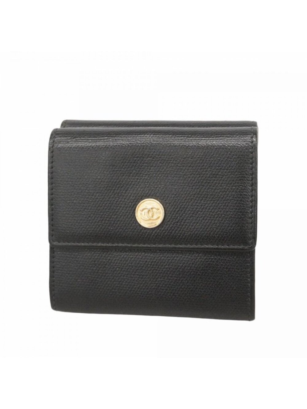 Chanel Trifold Wallet Coco Button Leather Black Champagne Gold